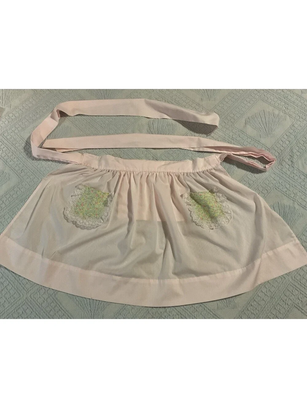 Vintage 1950’s Pink Sheer Half Apron Lace Pockets